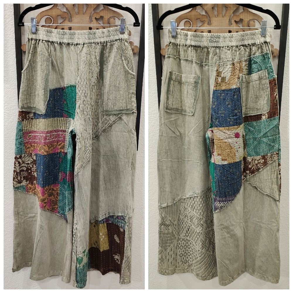 POL Wide Leg Patchwork Pants in Teal and Olive - Picture 6 of 8